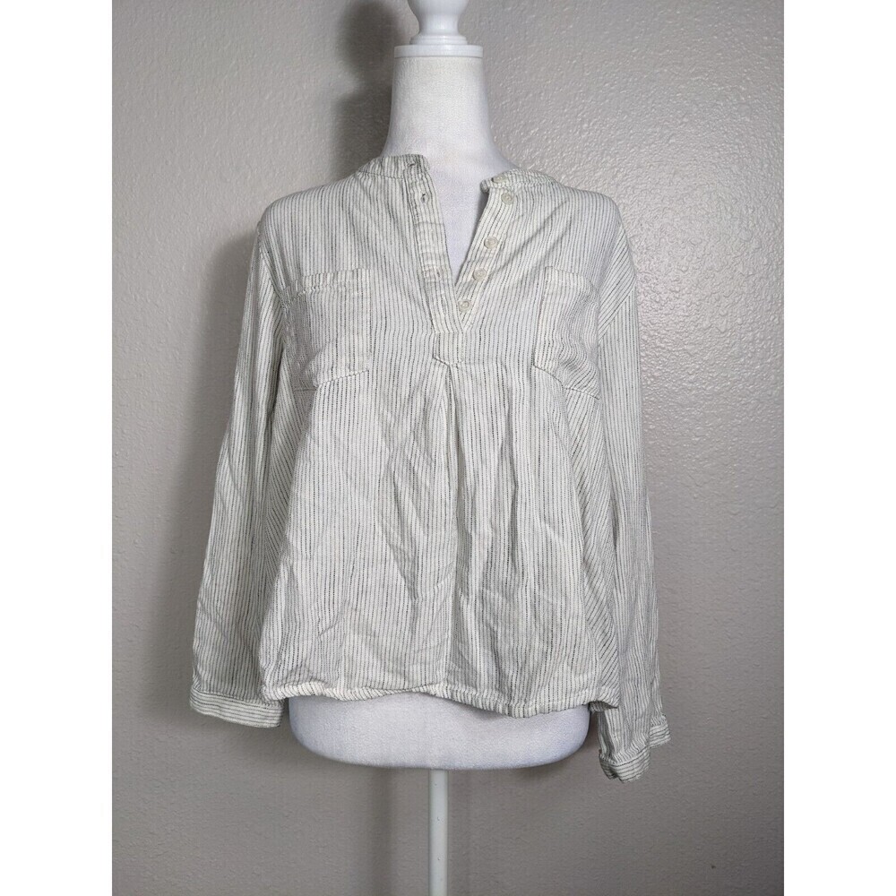 Mod Ref Blue & White Stripe Buttons Tunic shirt Top Size Small Petite Cotton N33